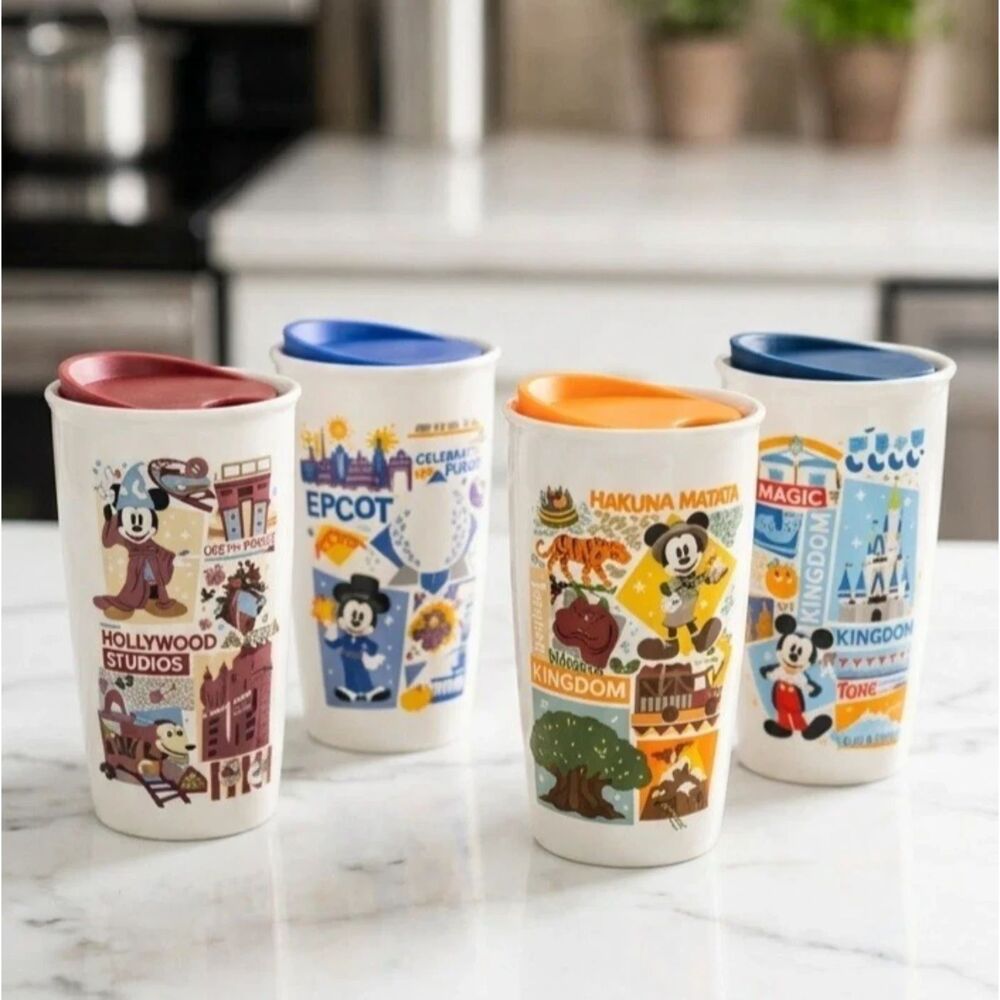 Disney Parks Starbucks Ceramic Tumbler Set Of 4 Travel Mugs Lids Magic Epcot +++